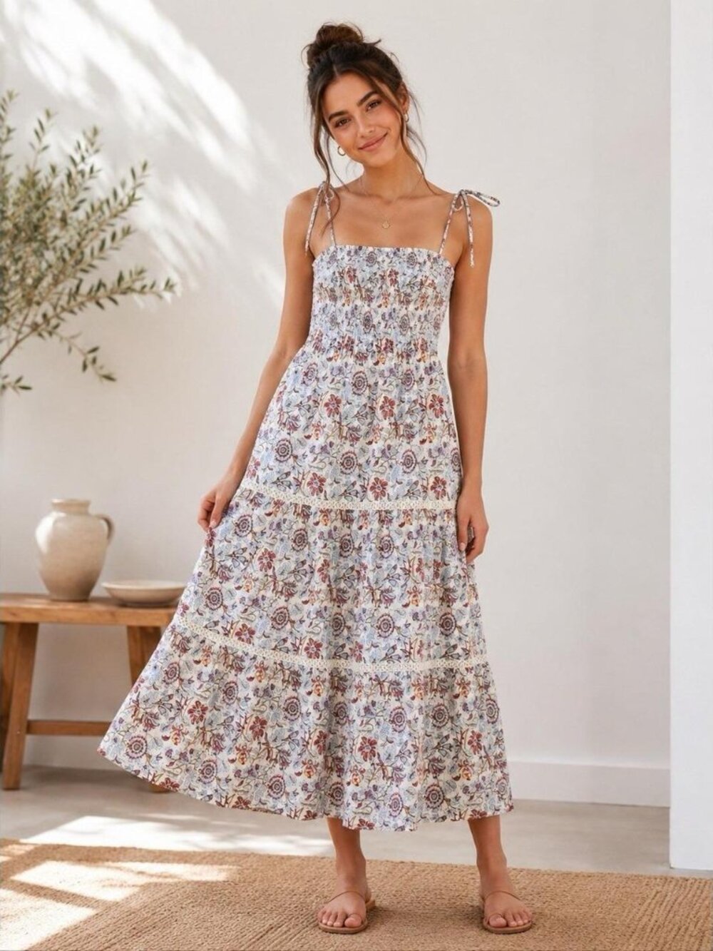 Roller Rabbit White Maxi Dress with Blue and Red Floral Print